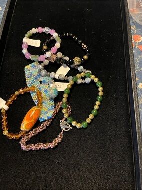 Stackable Beaded Bracelet Set - Green, Pink, Black, Amber